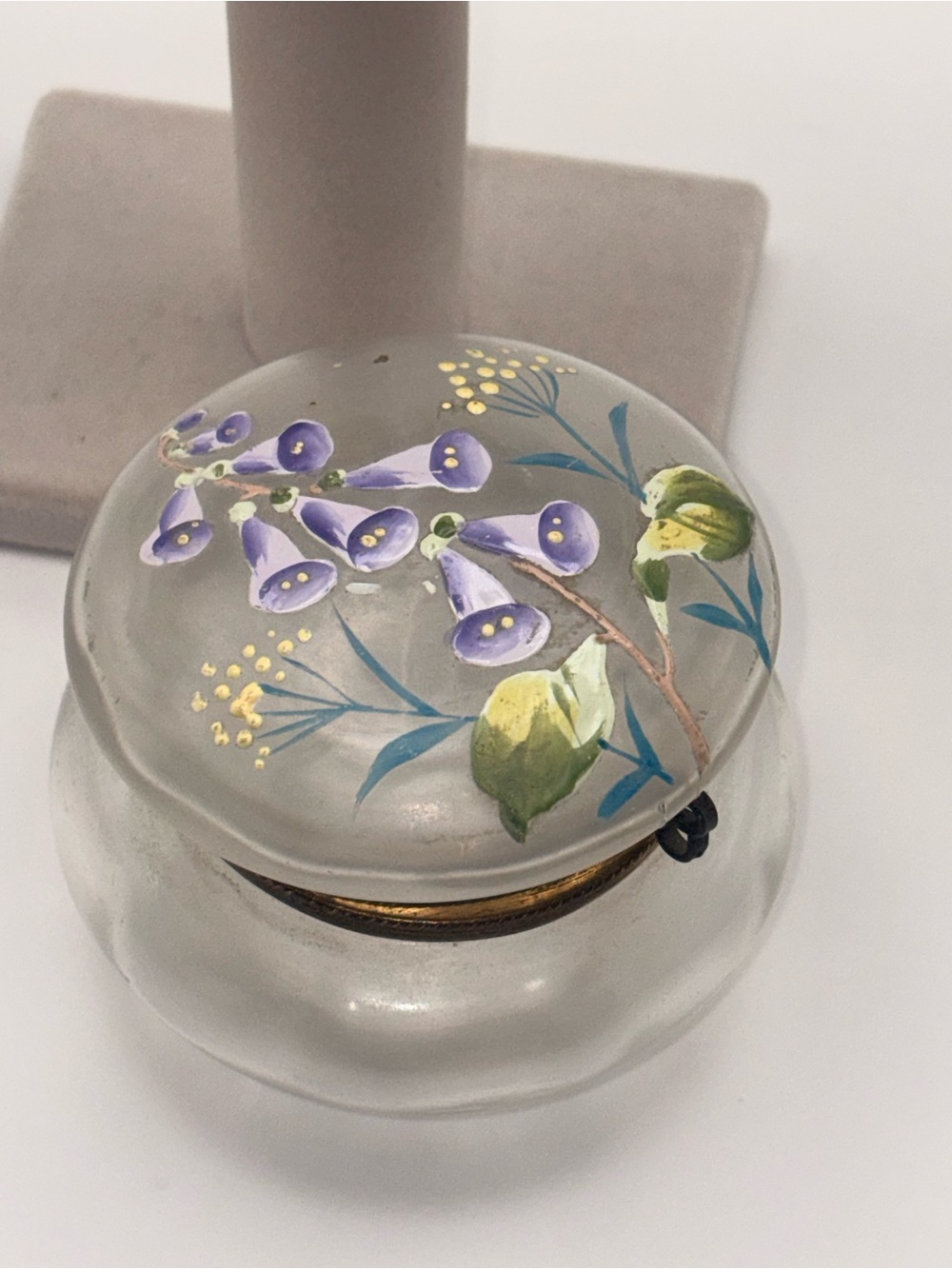 Antique C.F. Monroe Wave Crest 3.25” Opal Glass Floral Hinged Dresser Box c1900